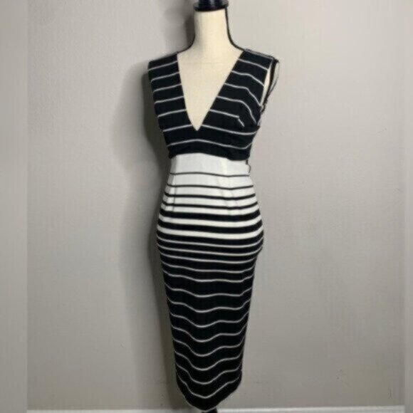 Nicholas Women’s Black & White Striped Midi Plunging V-Neck and Open Back Dress - Picture 5 of 15